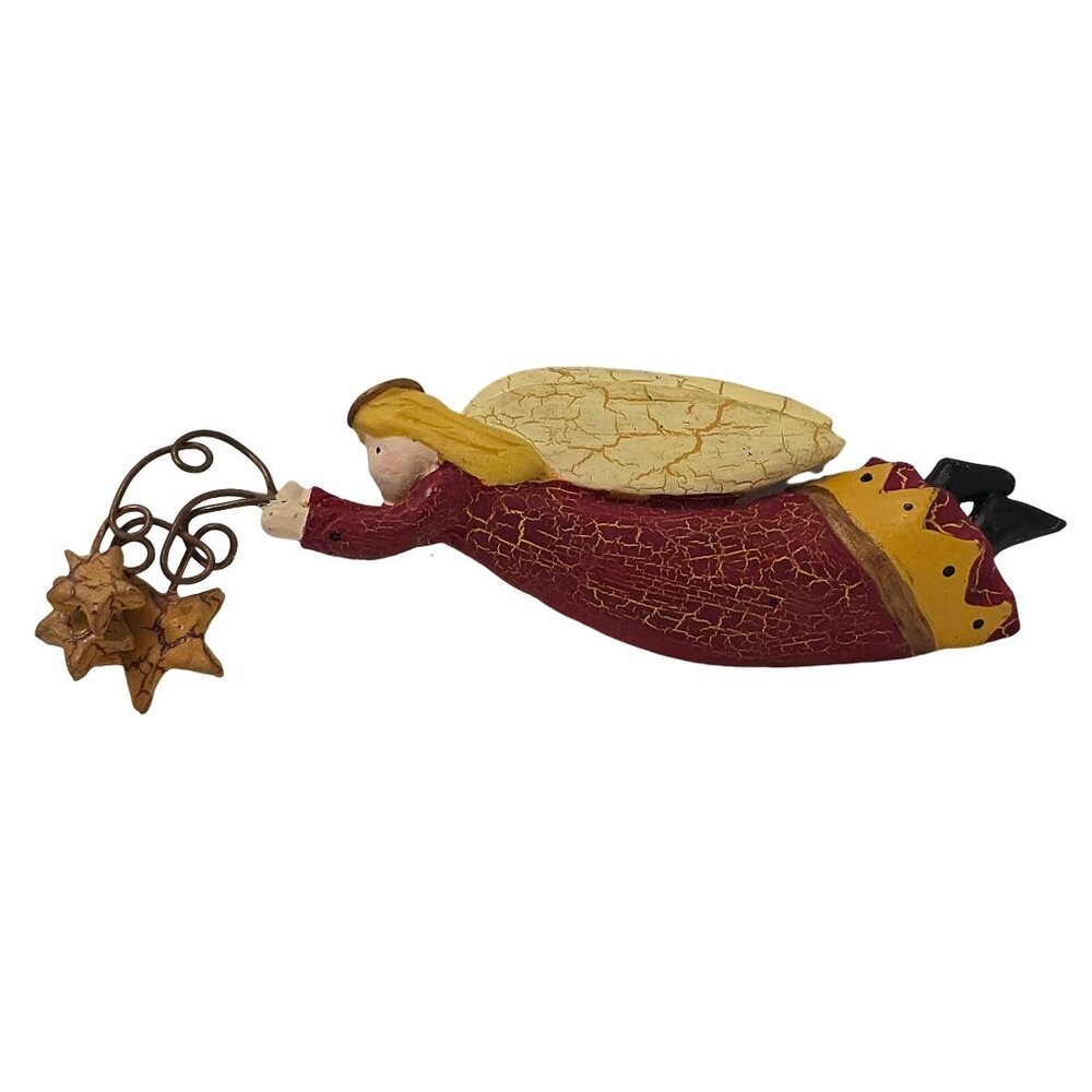 Vintage Folk Art Angel Brooch Holding Stars Hand-Painted Holiday Pin